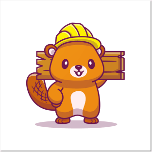 Cute Beaver Handyman Holding Wood Posters and Art